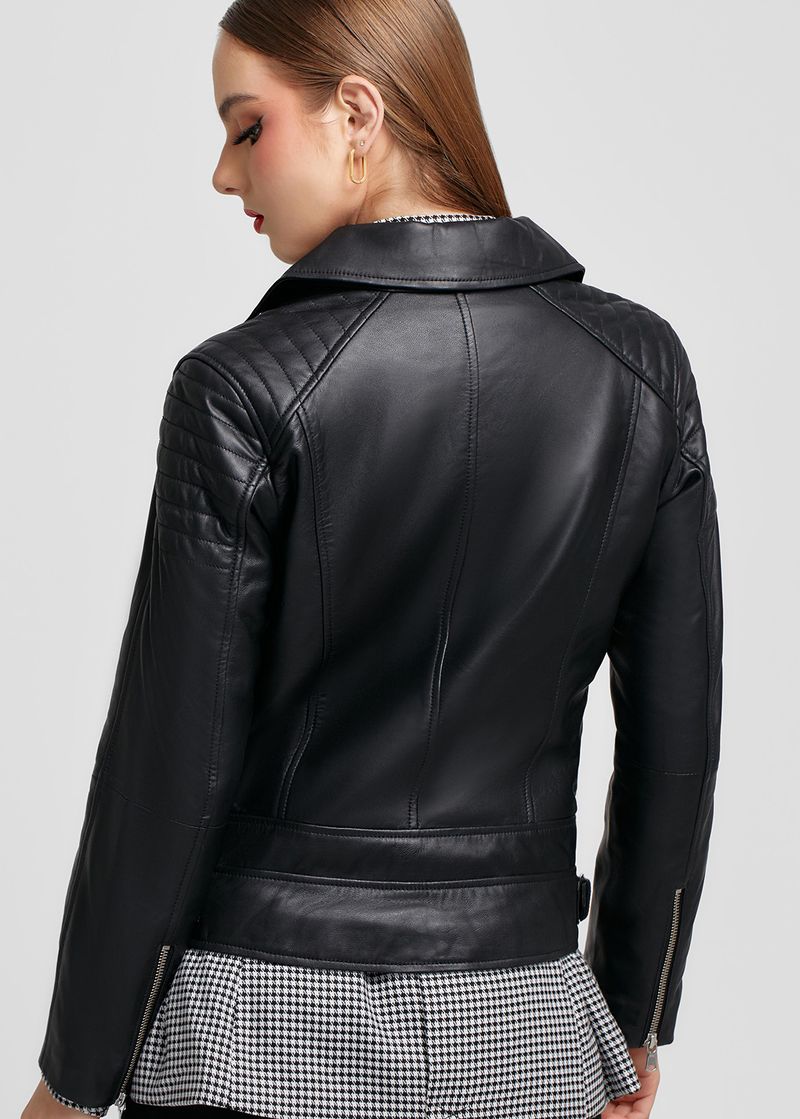 CASACA ESTILO BIKER EN CUERO COLOR ENTERO